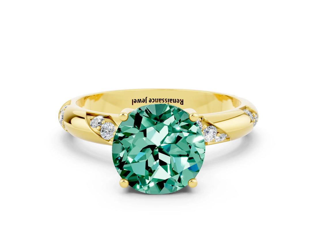 Yellow gold Round Cut Solitaire Diamond Engagement Ring with Twisted Pave Band and Four-Prong Setting