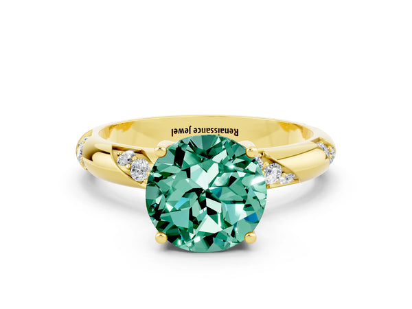 Yellow gold Round Cut Green Sapphire Solitaire Engagement Ring with Twisted Round  Accent Band and Prong Setting
