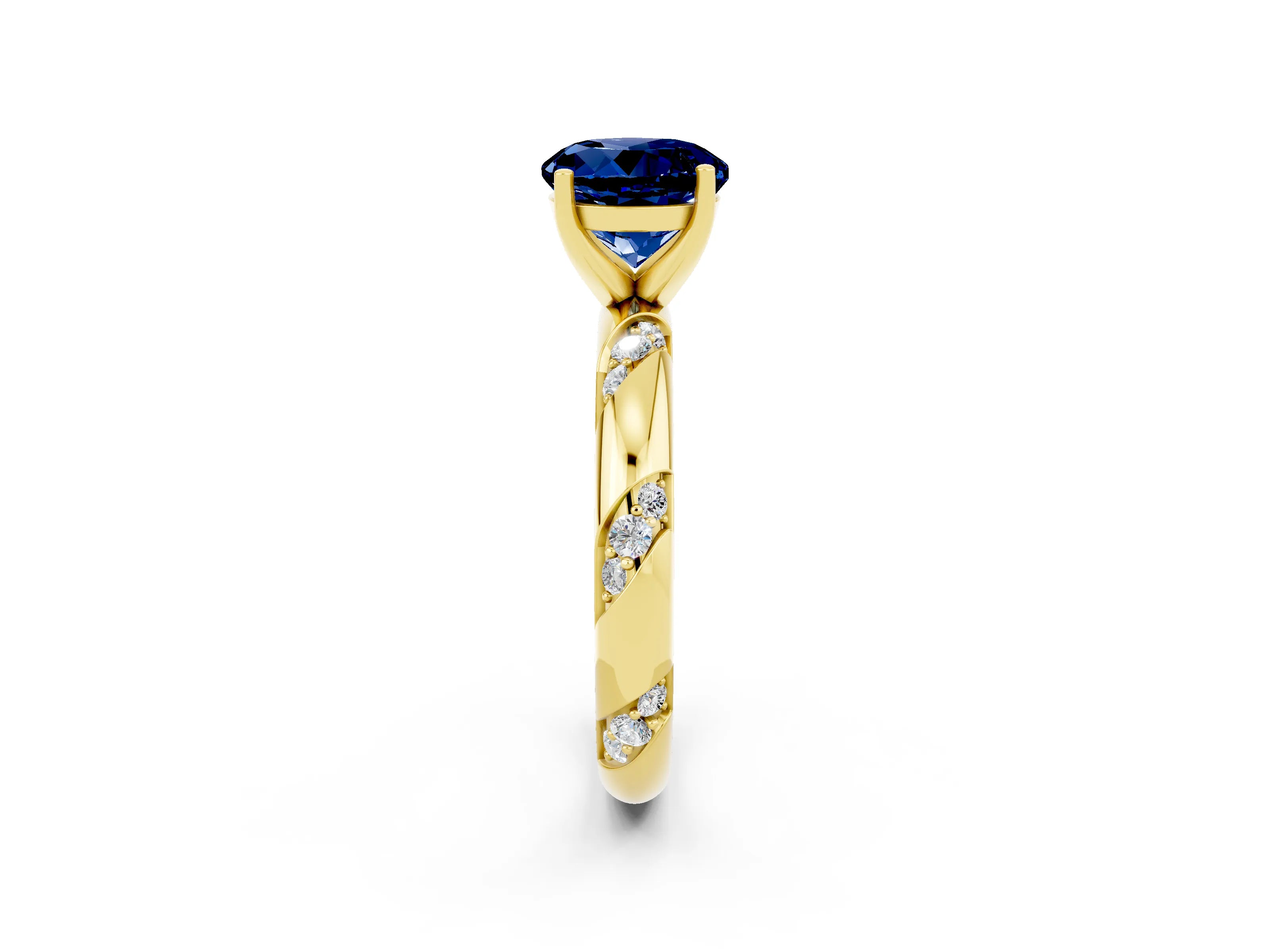 Yellow gold Round Cut Solitaire Diamond Engagement Ring with Twisted Pave Band and Four-Prong Setting_2