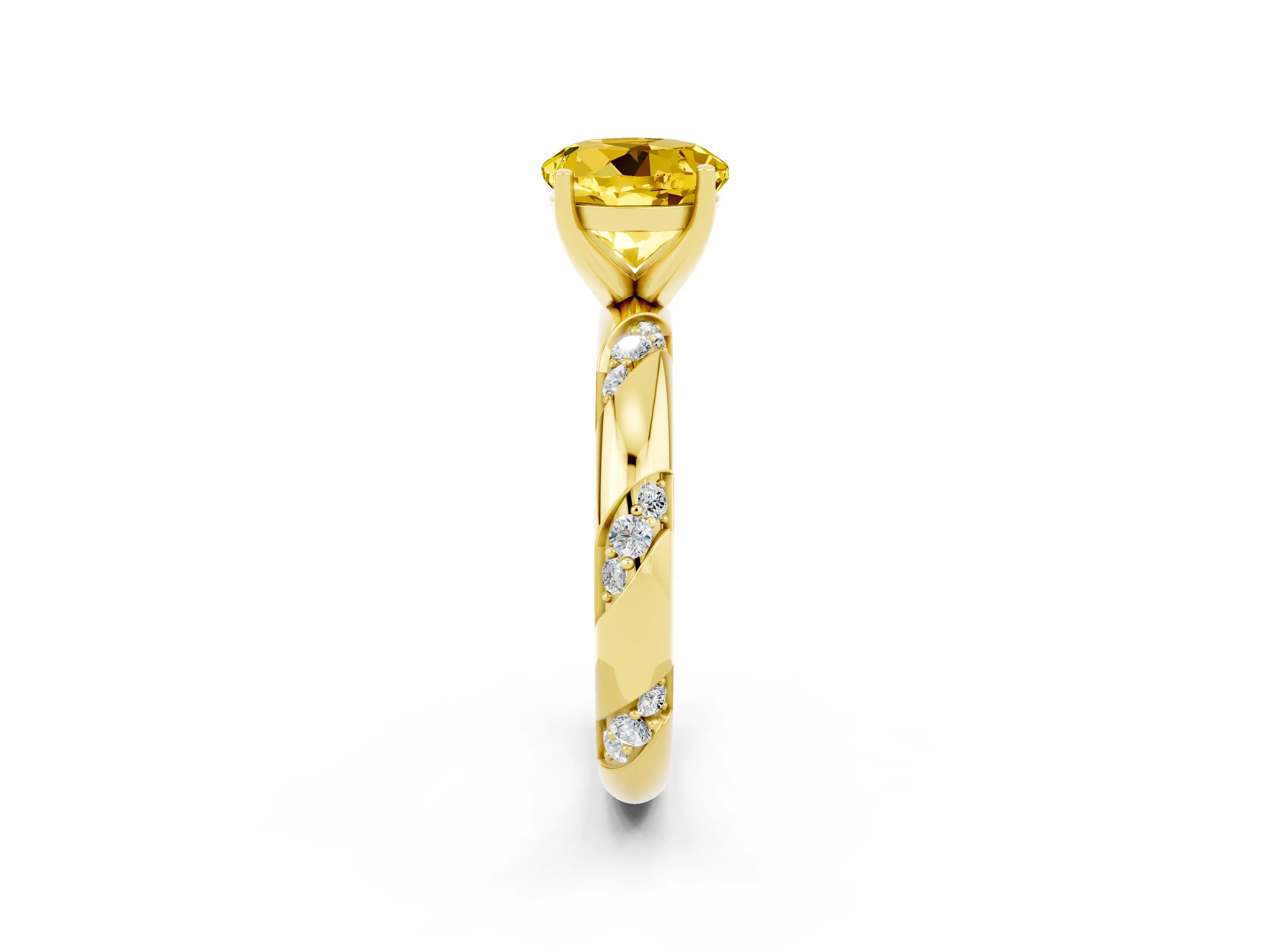 Yellow gold Round Cut Solitaire Diamond Engagement Ring with Twisted Pave Band and Four-Prong Setting_2