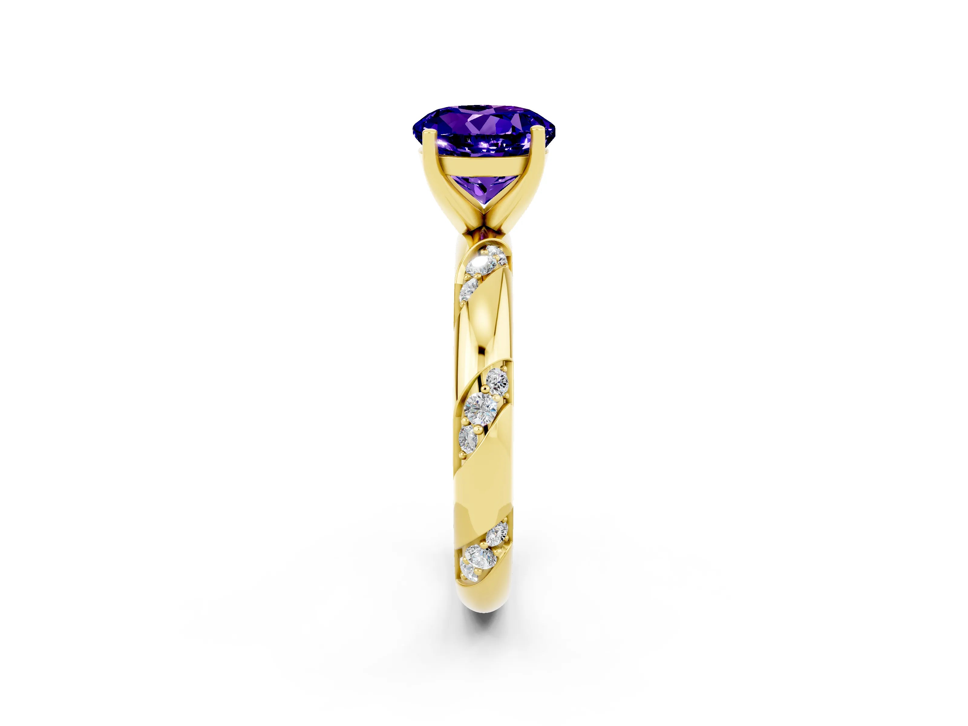 Yellow gold Round Cut Solitaire Diamond Engagement Ring with Twisted Pave Band and Four-Prong Setting_2