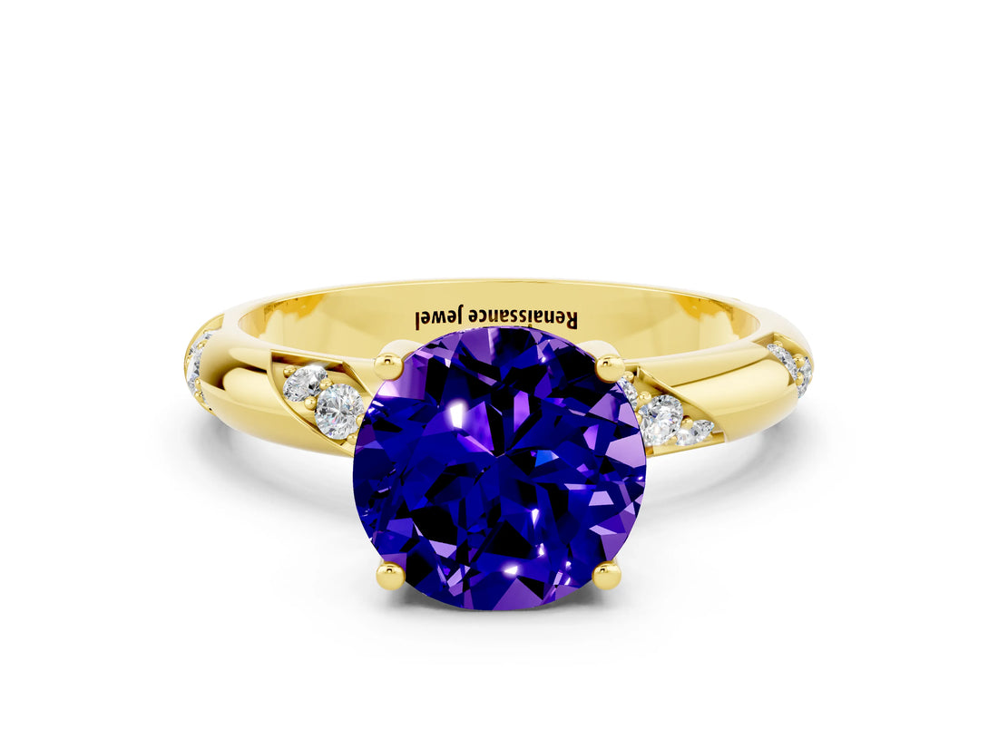 Yellow gold Round Cut Solitaire Diamond Engagement Ring with Twisted Pave Band and Four-Prong Setting