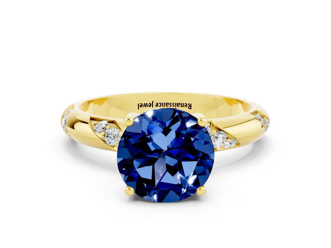 Yellow gold Round Cut Solitaire Diamond Engagement Ring with Twisted Pave Band and Four-Prong Setting