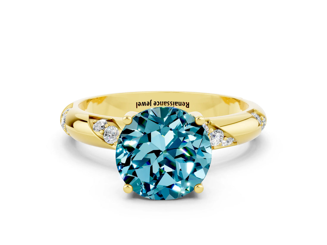 Yellow gold Round Cut Solitaire Diamond Engagement Ring with Twisted Pave Band and Four-Prong Setting