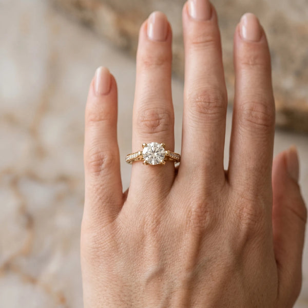 Yellow gold Round Cut Solitaire Diamond Ring with Pavé Band and Six-Prong Setting