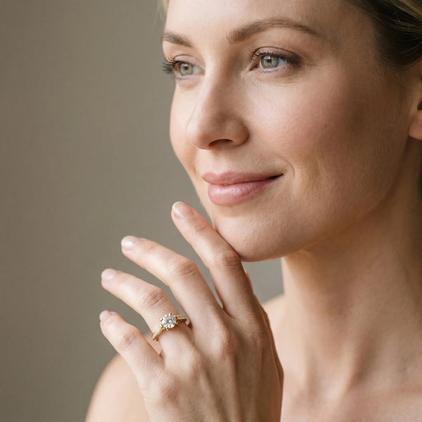 Yellow gold Round Cut Solitaire Diamond Ring with Pavé Band and Six-Prong Setting
