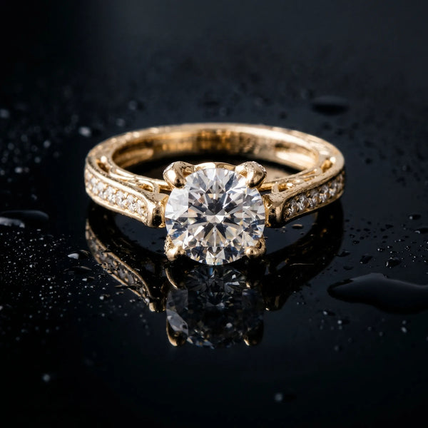 Yellow gold Round Cut Solitaire Diamond Ring with Pavé Band and Six-Prong Setting