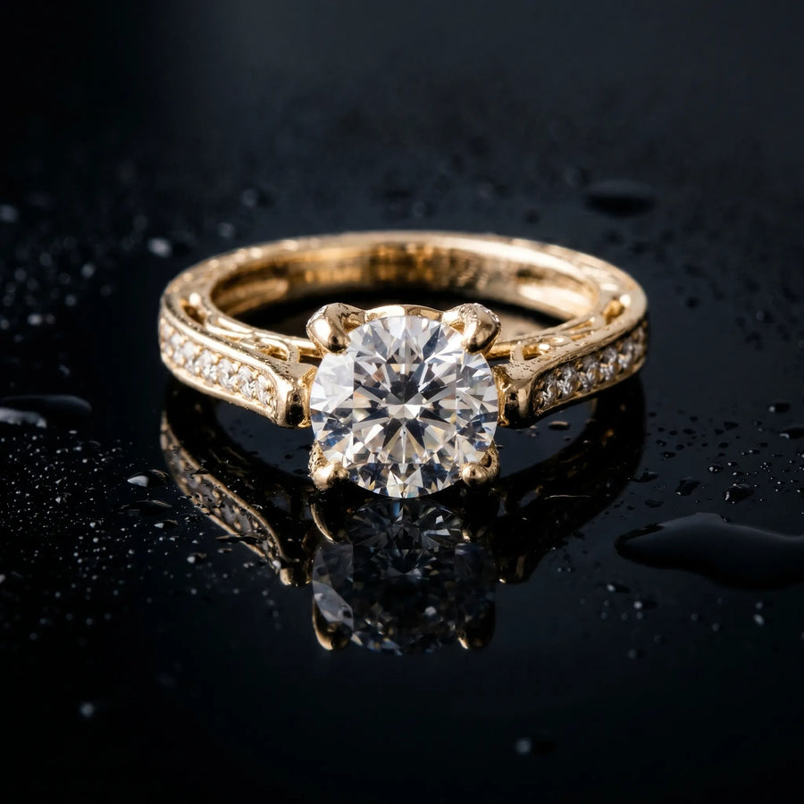 Yellow gold Round Cut Solitaire Diamond Ring with Pavé Band and Six-Prong Setting