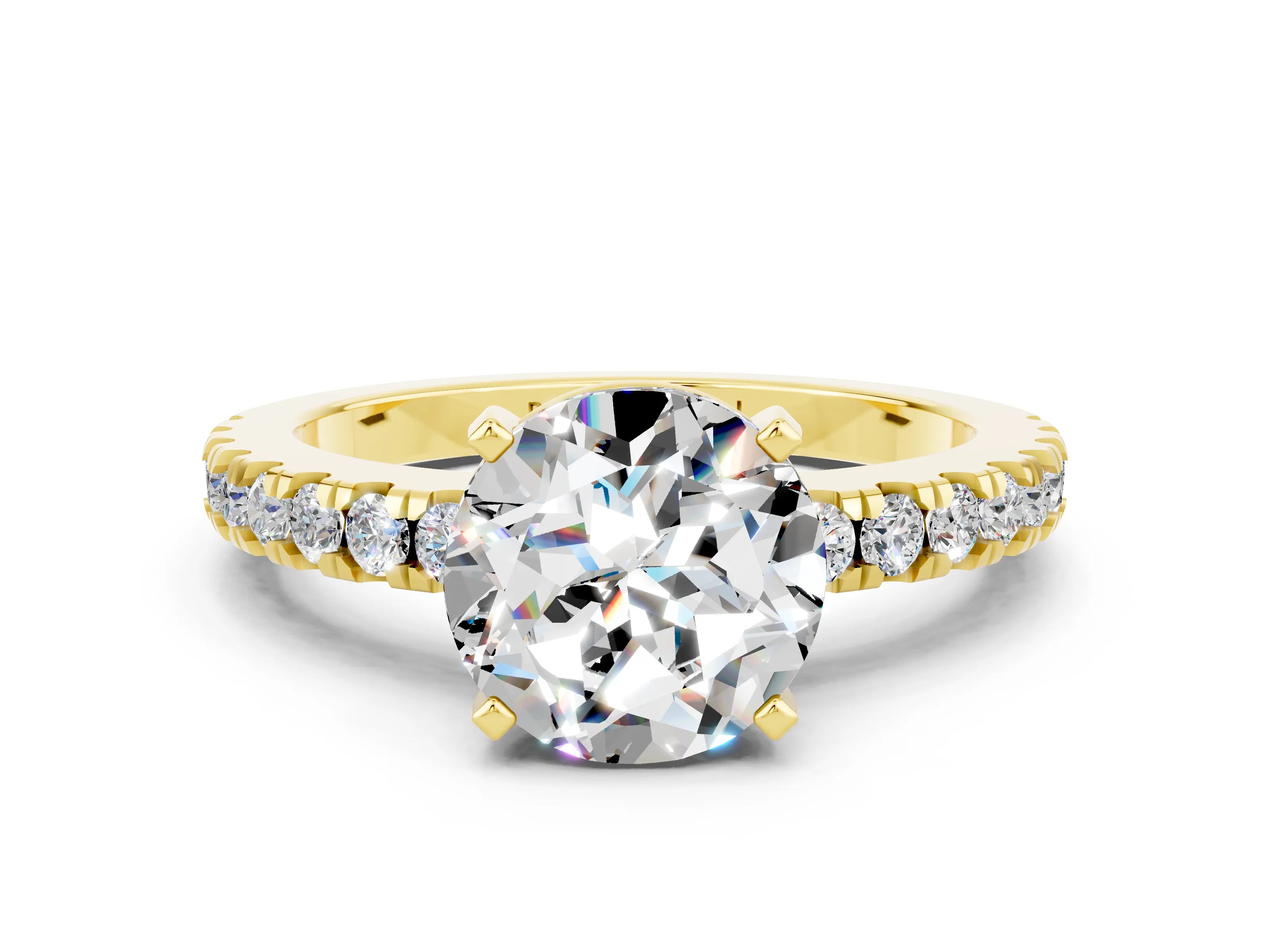 Yellow gold Round Cut Solitaire Diamond with Pavé Band and Four-Prong Setting
