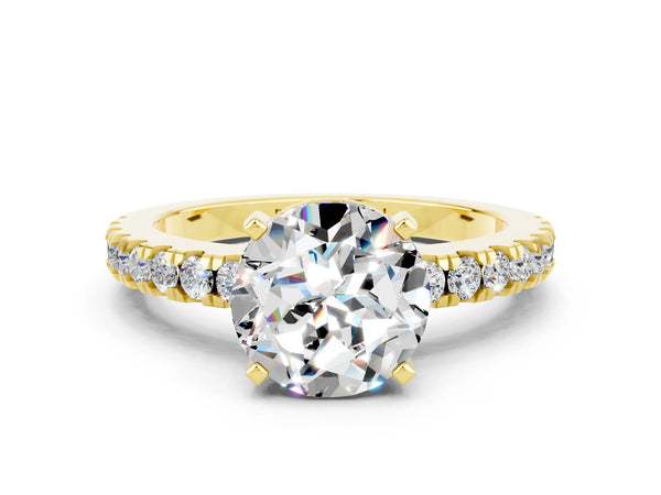 Yellow gold Round Cut Solitaire Moissanite with Pavé Band and Four-Prong Setting
