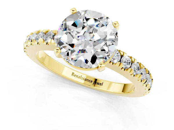 Yellow gold Round Cut Solitaire Moissanite with Pavé Band and Four-Prong Setting