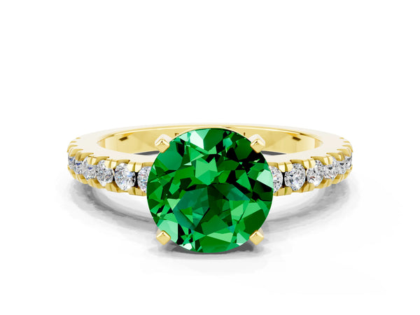 Yellow gold Round Cut Solitaire Emerald with Pavé Band and Four-Prong Setting
