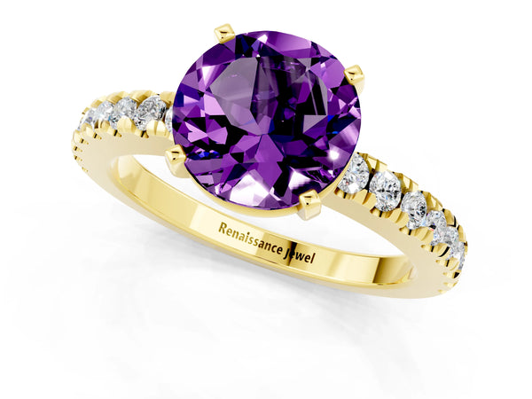 Yellow gold Round Cut Solitaire Amethyst with Pavé Band and Four-Prong Setting