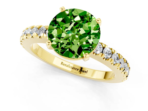 Yellow gold Round Cut Solitaire Peridot with Pavé Band and Four-Prong Setting
