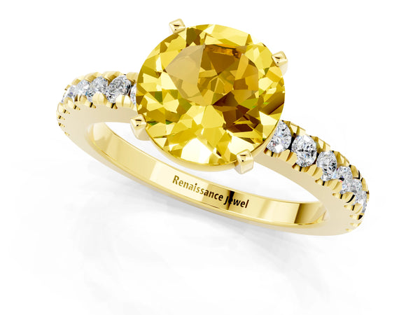 Yellow gold Round Cut Solitaire Yellow Sapphire with Pavé Band and Four-Prong Setting