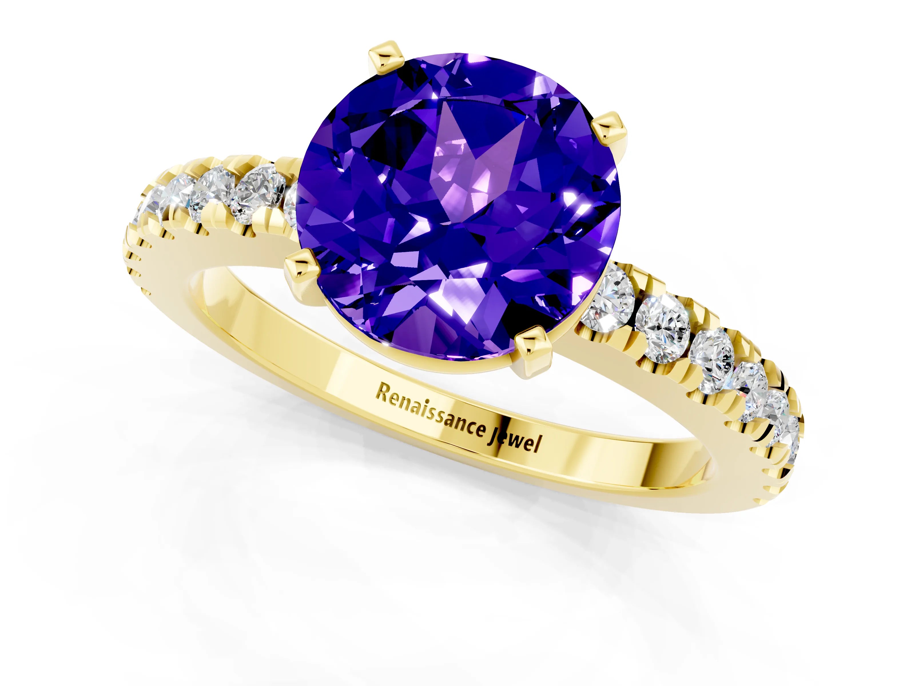 Yellow gold Round Cut Solitaire Diamond with Pavé Band and Four-Prong Setting_1