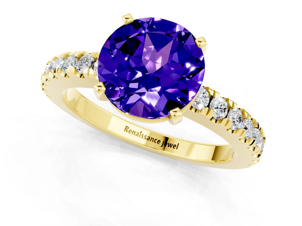 Yellow gold Round Cut Solitaire Tanzanite with Pavé Band and Four-Prong Setting