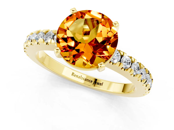Yellow gold Round Cut Solitaire Citrine with Pavé Band and Four-Prong Setting