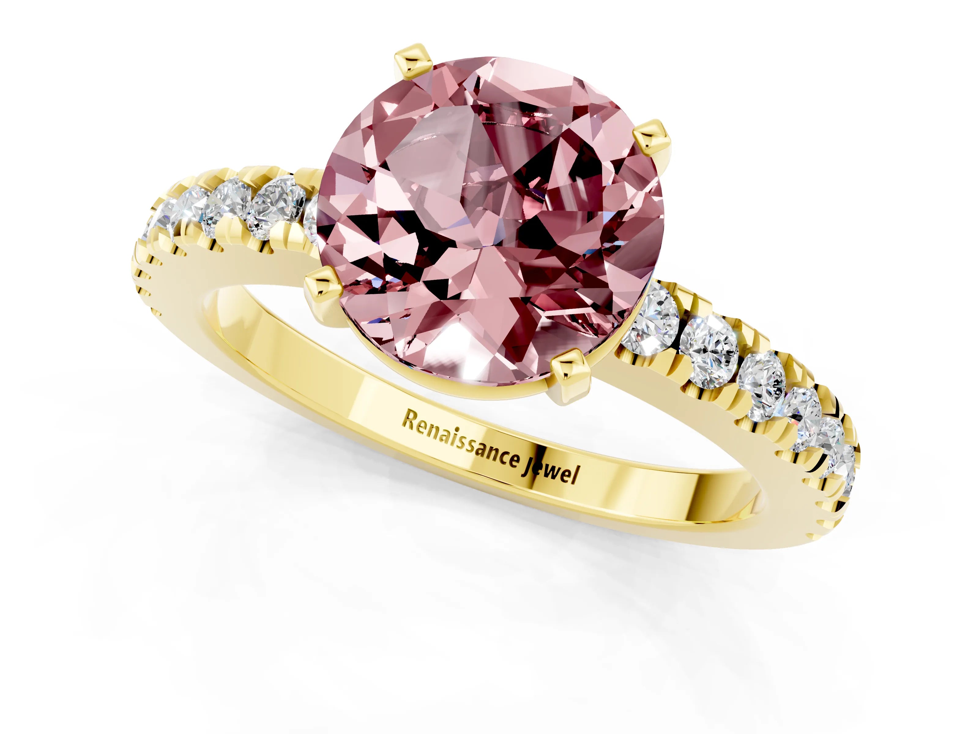 Yellow gold Round Cut Solitaire Diamond with Pavé Band and Four-Prong Setting_1