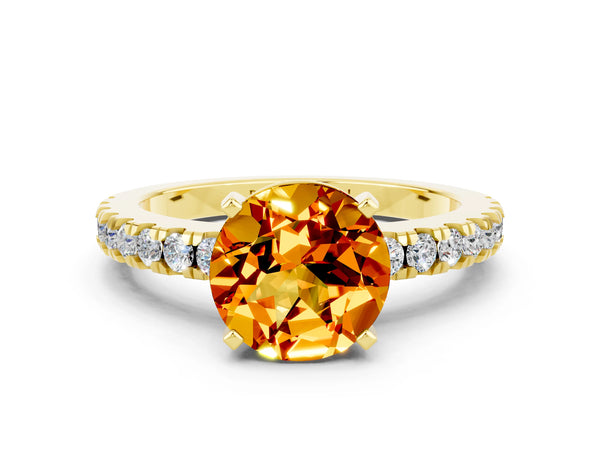 Yellow gold Round Cut Solitaire Citrine with Pavé Band and Four-Prong Setting
