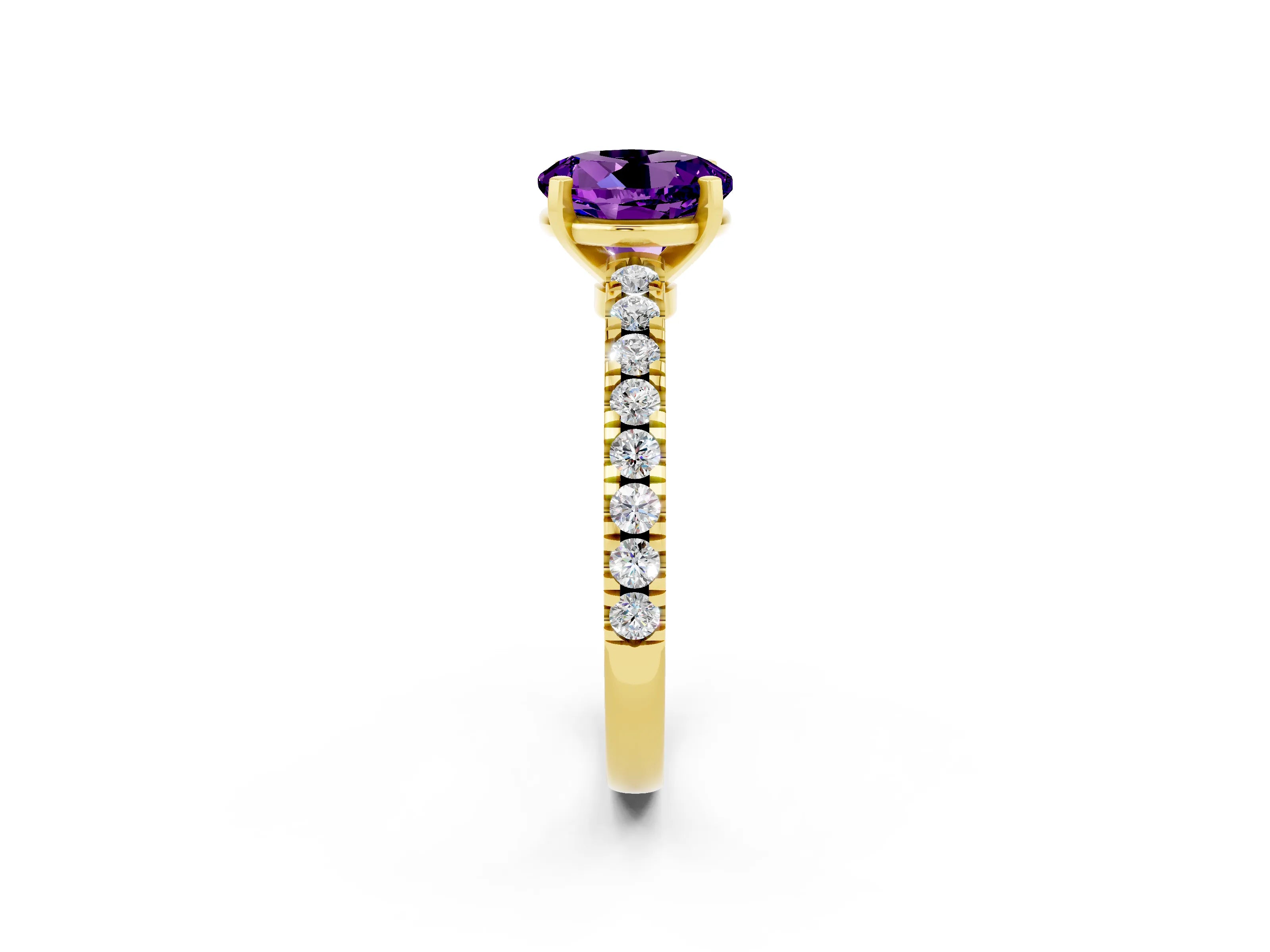 Yellow gold Round Cut Solitaire Diamond with Pavé Band and Four-Prong Setting_2