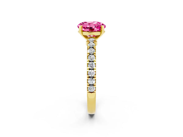 Yellow gold Round Cut Solitaire Pink Sapphire with Pavé Band and Four-Prong Setting