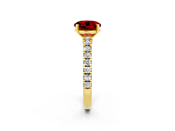 Yellow gold Round Cut Solitaire Ruby with Pavé Band and Four-Prong Setting