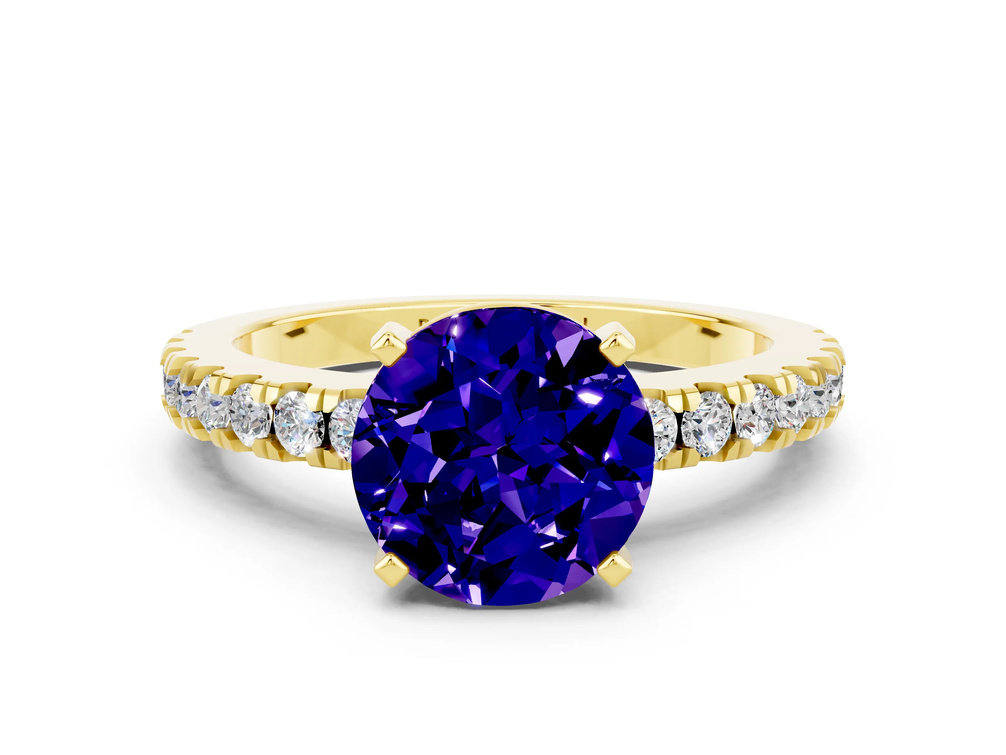 Yellow gold Round Cut Solitaire Diamond with Pavé Band and Four-Prong Setting