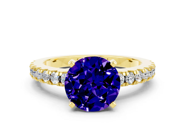 Yellow gold Round Cut Solitaire Tanzanite with Pavé Band and Four-Prong Setting