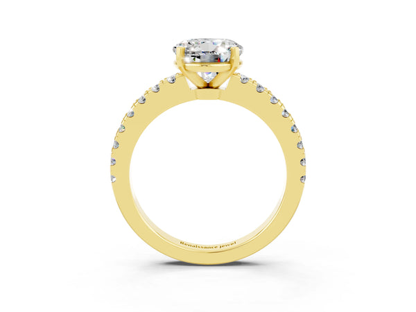 Yellow gold Round Cut Solitaire Moissanite with Pavé Band and Four-Prong Setting