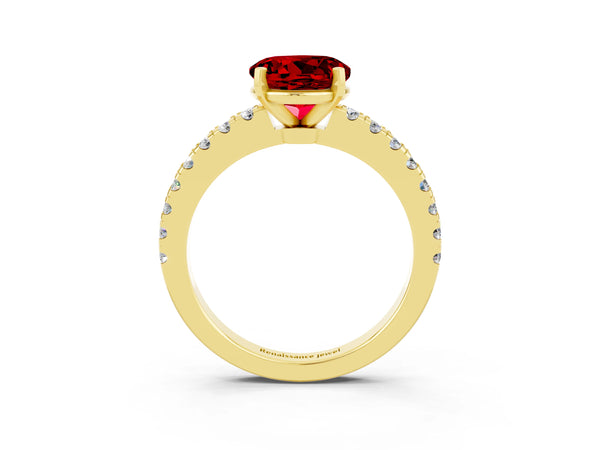 Yellow gold Round Cut Solitaire Ruby with Pavé Band and Four-Prong Setting