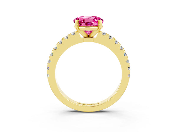 Yellow gold Round Cut Solitaire Pink Sapphire with Pavé Band and Four-Prong Setting
