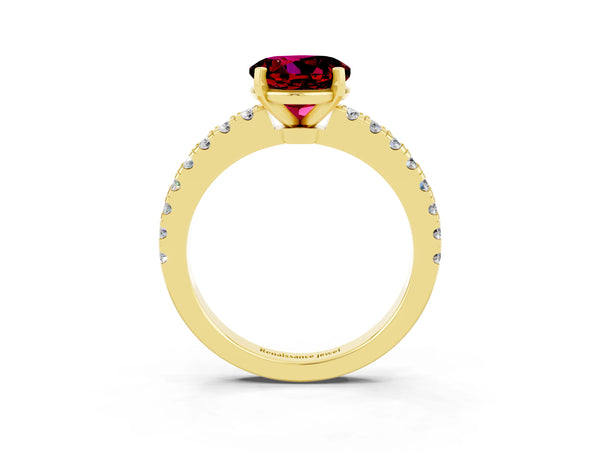 Yellow gold Round Cut Solitaire Garnet with Pavé Band and Four-Prong Setting