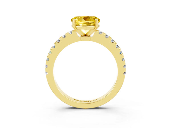 Yellow gold Round Cut Solitaire Yellow Sapphire with Pavé Band and Four-Prong Setting