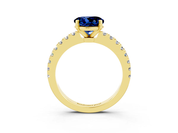Yellow gold Round Cut Solitaire Blue Sapphire with Pavé Band and Four-Prong Setting
