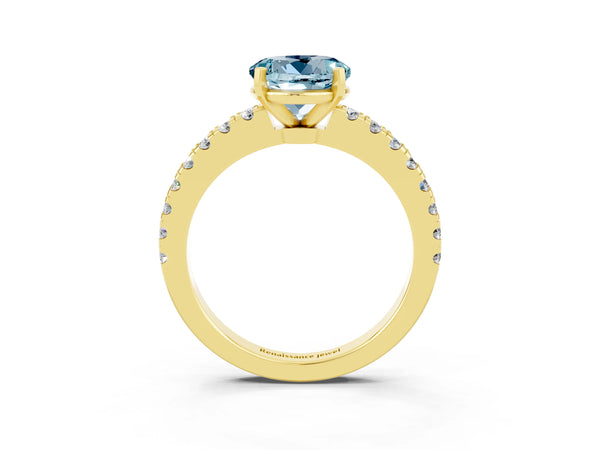 Yellow gold Round Cut Solitaire Aquamarine with Pavé Band and Four-Prong Setting