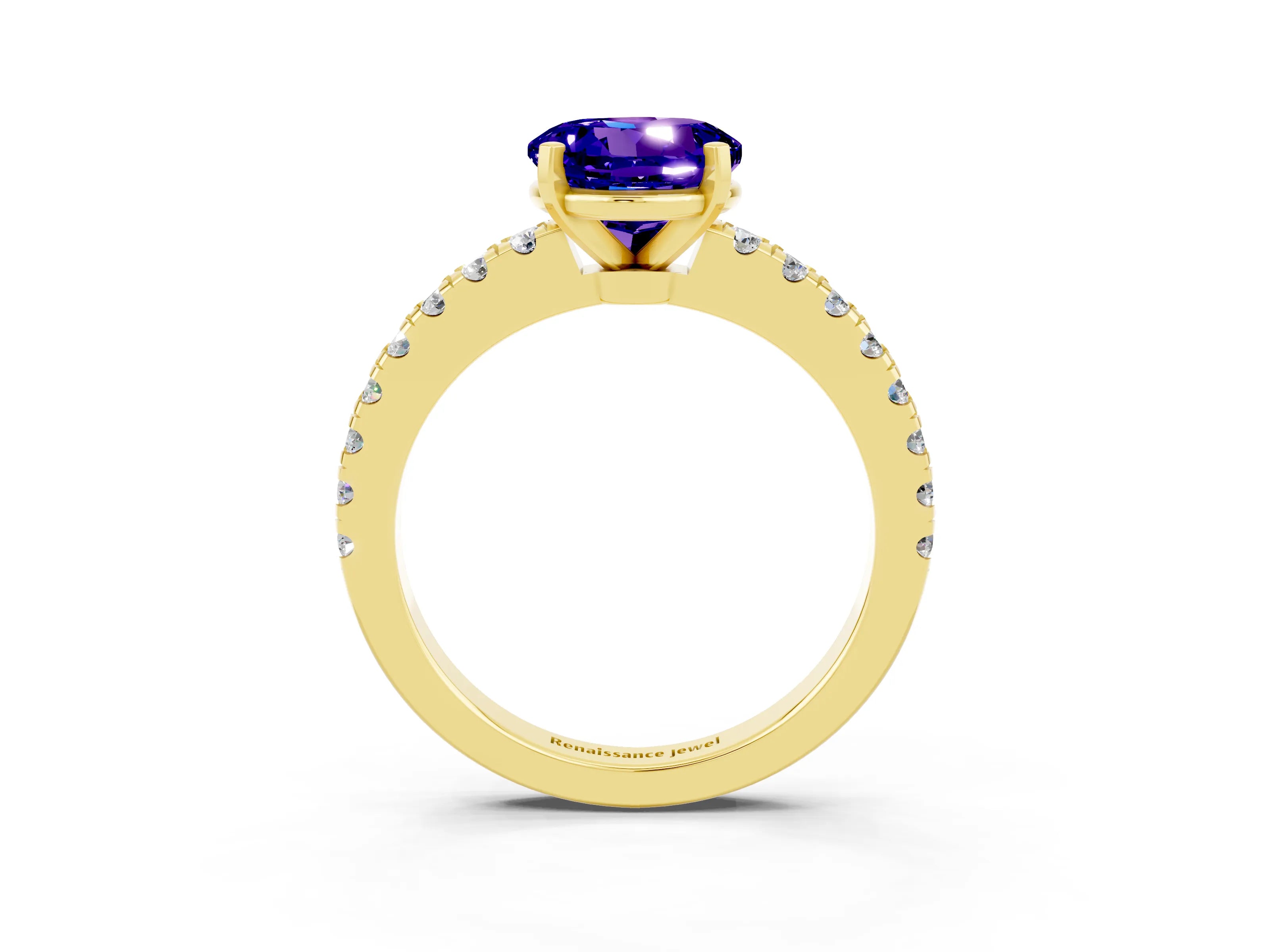 Yellow gold Round Cut Solitaire Diamond with Pavé Band and Four-Prong Setting_3