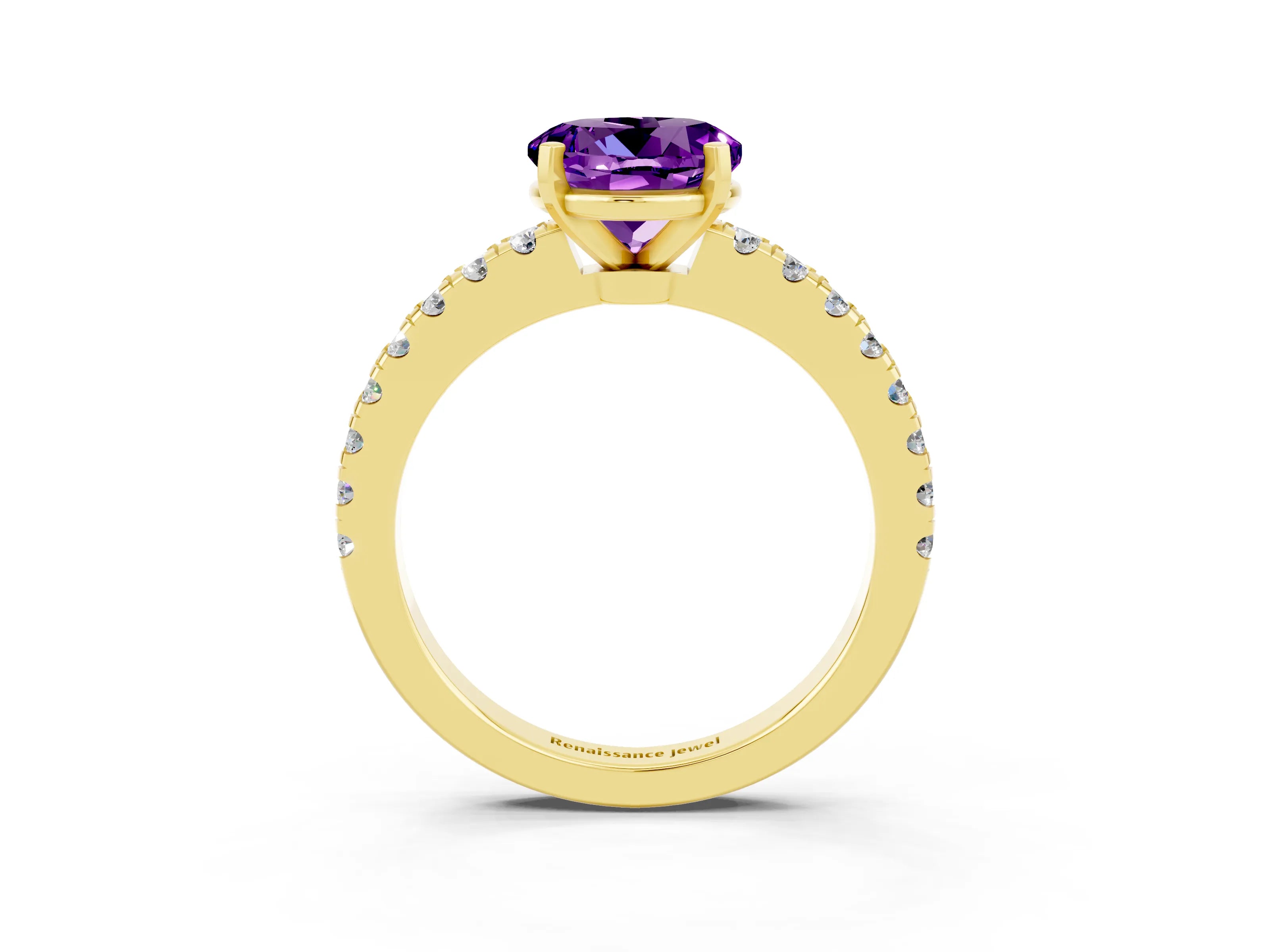 Yellow gold Round Cut Solitaire Diamond with Pavé Band and Four-Prong Setting_3