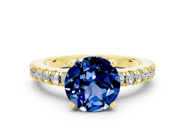 Yellow gold Round Cut Solitaire Blue Sapphire with Pavé Band and Four-Prong Setting
