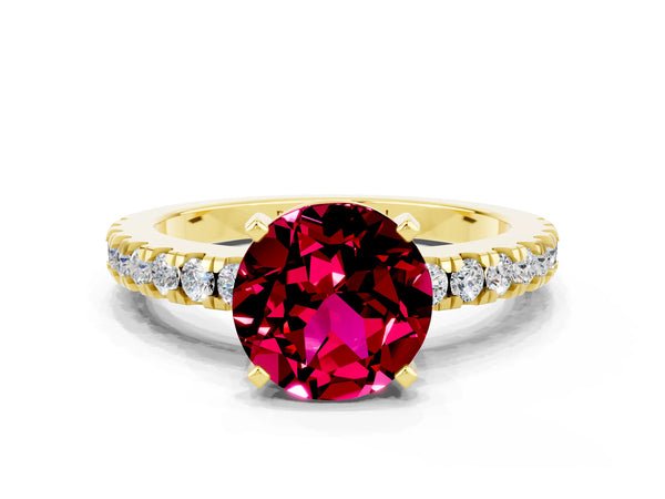 Yellow gold Round Cut Solitaire Garnet with Pavé Band and Four-Prong Setting