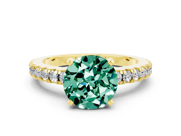Yellow gold Round Cut Solitaire Green Sapphire with Pavé Band and Four-Prong Setting