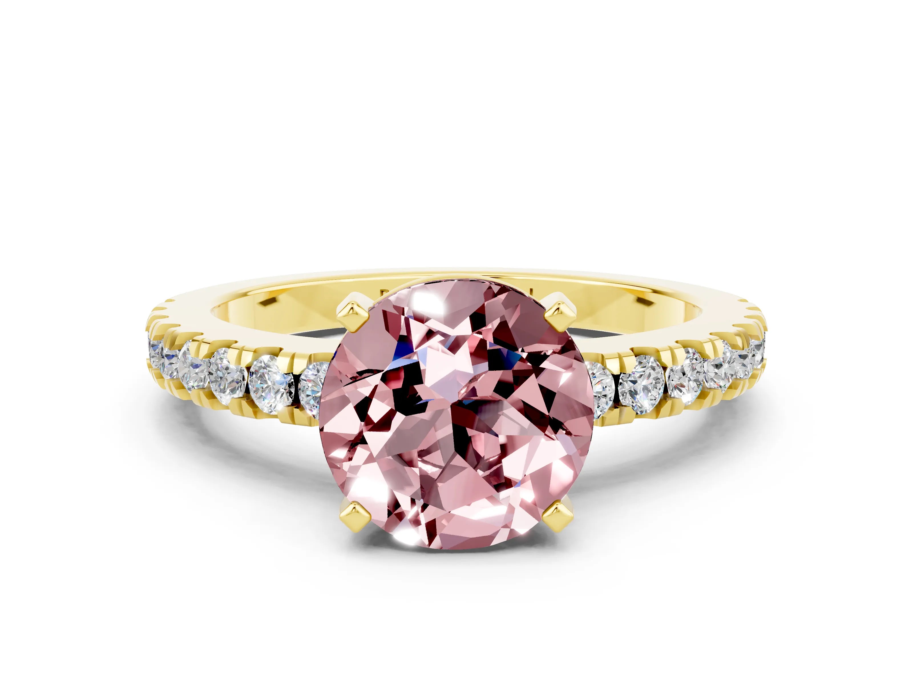 Yellow gold Round Cut Solitaire Diamond with Pavé Band and Four-Prong Setting