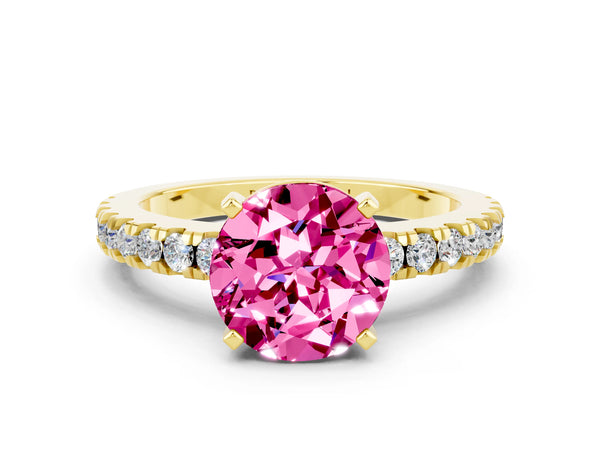 Yellow gold Round Cut Solitaire Pink Sapphire with Pavé Band and Four-Prong Setting