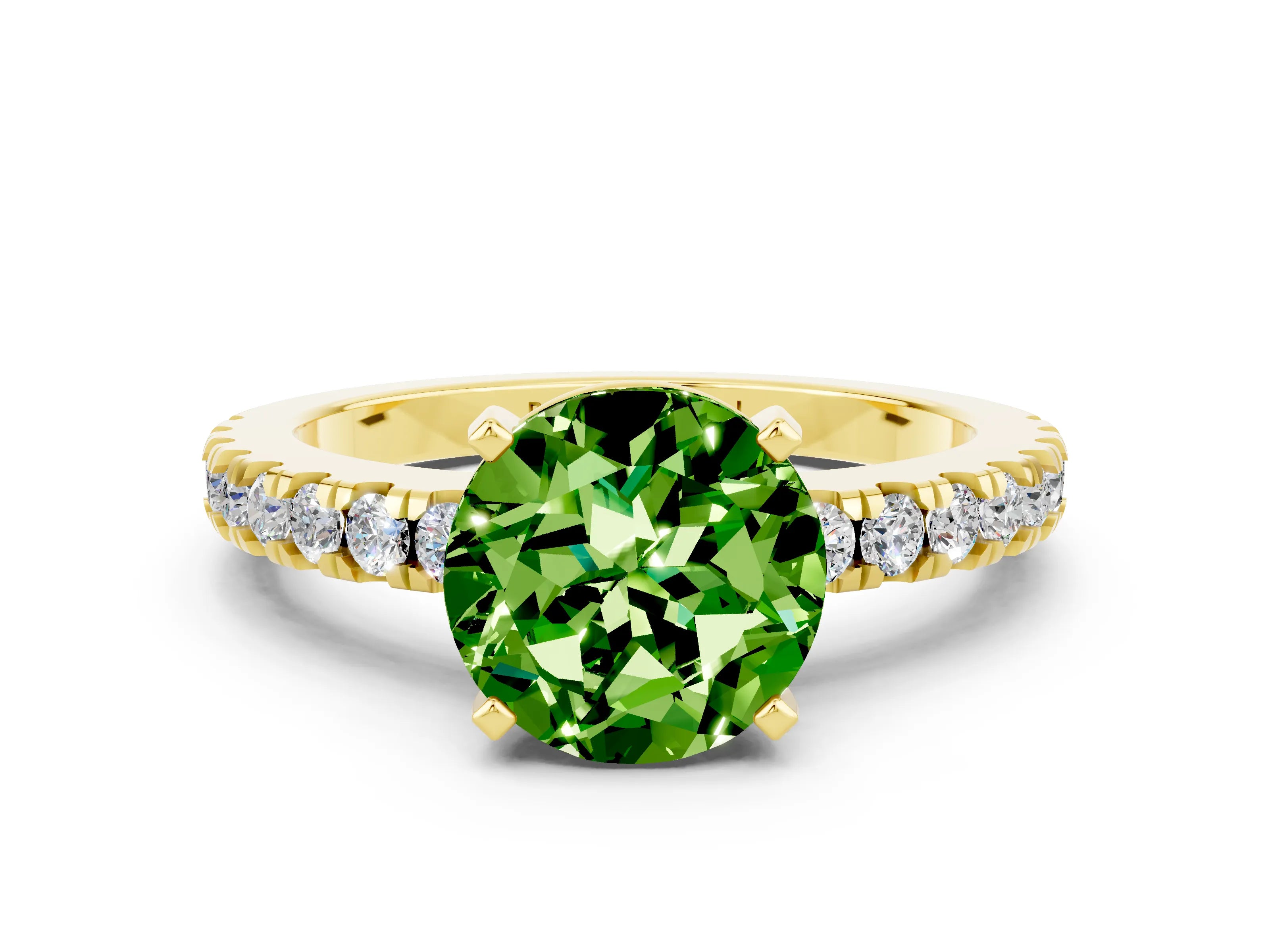 Yellow gold Round Cut Solitaire Diamond with Pavé Band and Four-Prong Setting