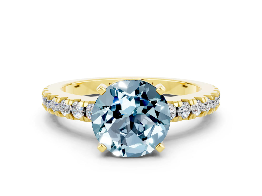 Yellow gold Round Cut Solitaire Diamond with Pavé Band and Four-Prong Setting