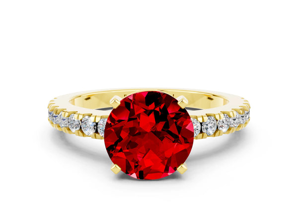 Yellow gold Round Cut Solitaire Ruby with Pavé Band and Four-Prong Setting