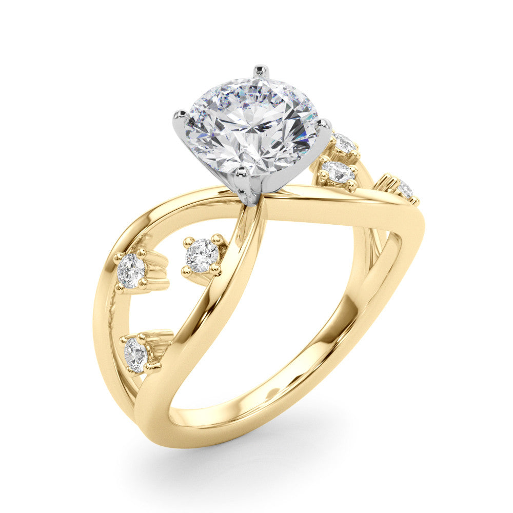 Yellow gold Round Cut Solitaire Diamond with Side Stones on Criss-Cross Band and Four-Prong Setting 1