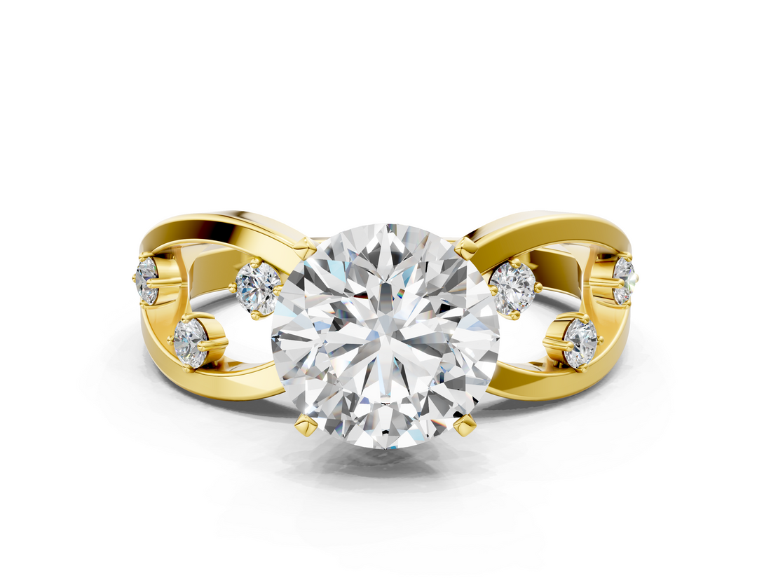 Yellow gold Round Cut Solitaire Diamond with Side Stones on Criss-Cross Band and Four-Prong Setting_25