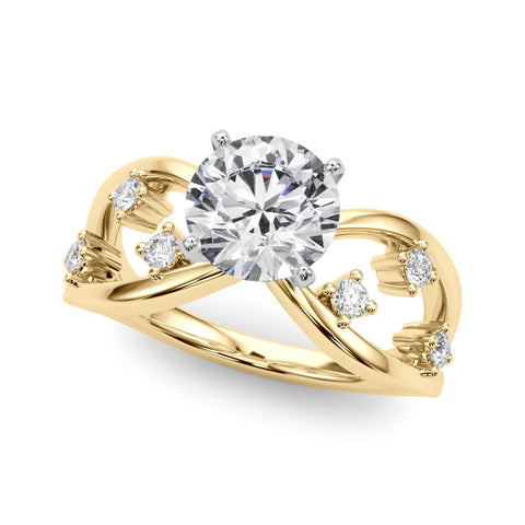 Yellow gold Round Cut Solitaire Diamond with Side Stones on Criss-Cross Band and Four-Prong Setting
