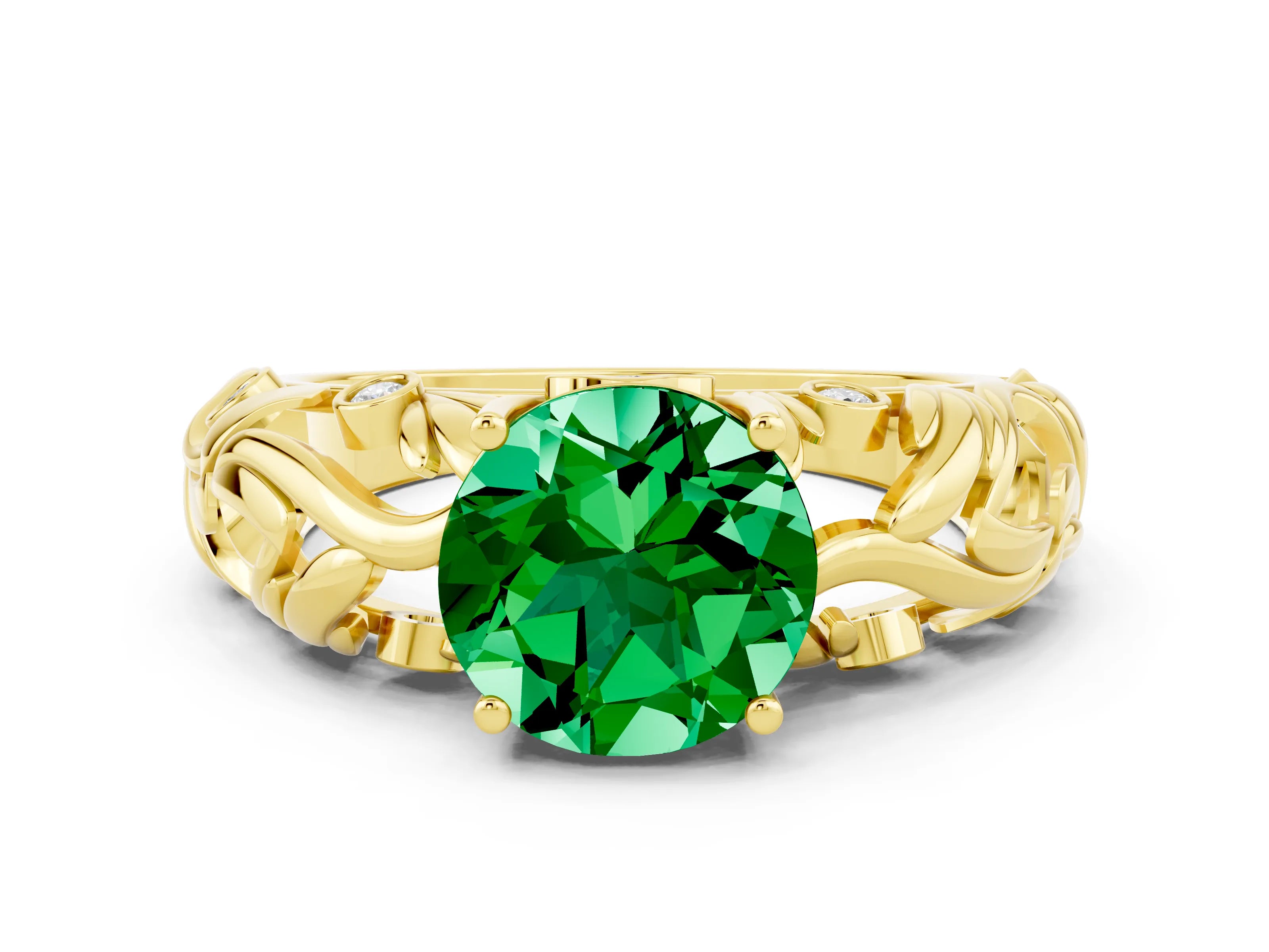 Yellow gold Round Cut Solitaire Emerald Leaf-Inspired Vine Band Ring with Prong Setting